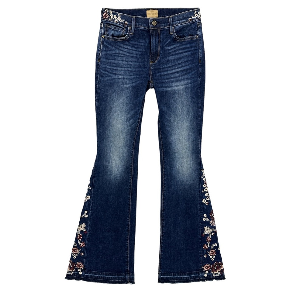 DRIFTWOOD Blue Flare Jeans with Floral Embroidery